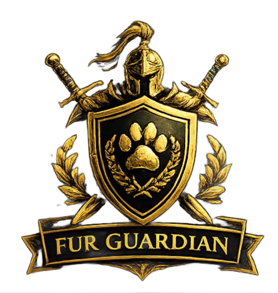 Fur Guardian crest — a gold shield bearing a paw print, flanked by crossed swords and a laurel wreath beneath a knight's helm